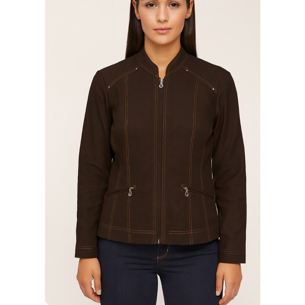 Conrad blazer jacket Chocolate brown orange stitch zip up SZ M Bomber vintage